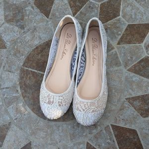 De Blossom Collection Silver Lace Crochet Detail Flat Shoes, Size 10, RUN SMALL